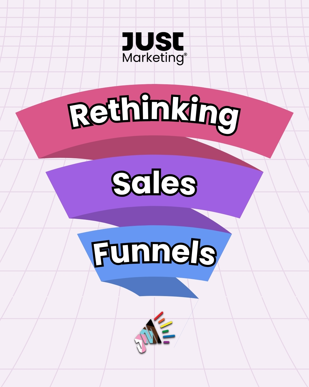 A stylized, three-tiered sales funnel. Each funnel layer contains a word: 'Rethinking' (in pink), 'Sales' (in purple), and 'Funnels' (in blue), with bold white text outlined in black. ‘Just Marketing®’ at the top with the logo icon - the letters J and M in the shape of a megaphone - at the bottom.