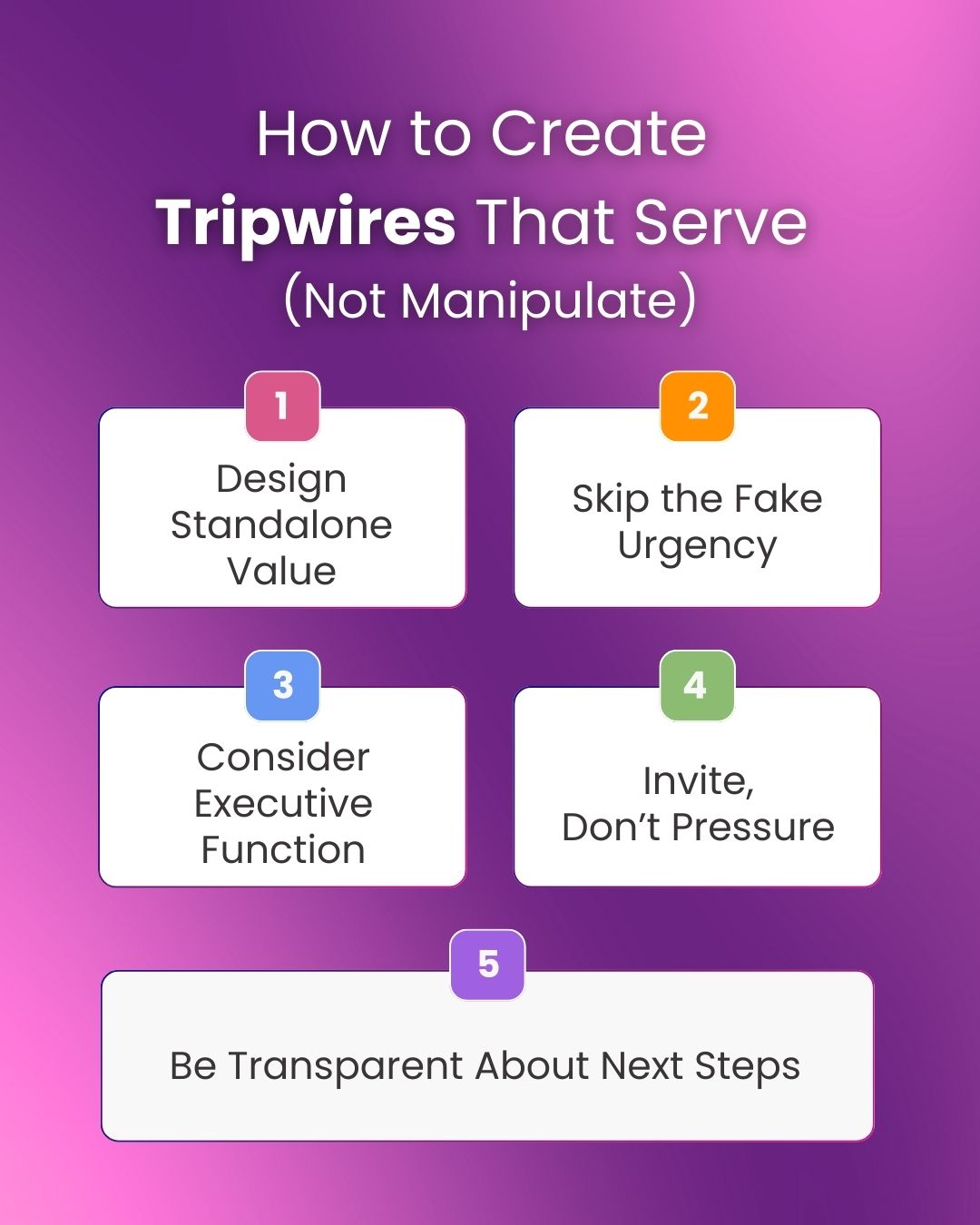 Text: 'How to Create Tripwires That Serve (Not Manipulate)'. Five tips follow, each in a white box with a colored number tab: 'Design Standalone Value (pink tab), Skip the Fake Urgency' (orange tab), Consider Executive Function' (blue tab), Invite, Don’t Pressure' (green tab), Be Transparent About Next Steps' (purple tab). The background is a gradient of purple and magenta.