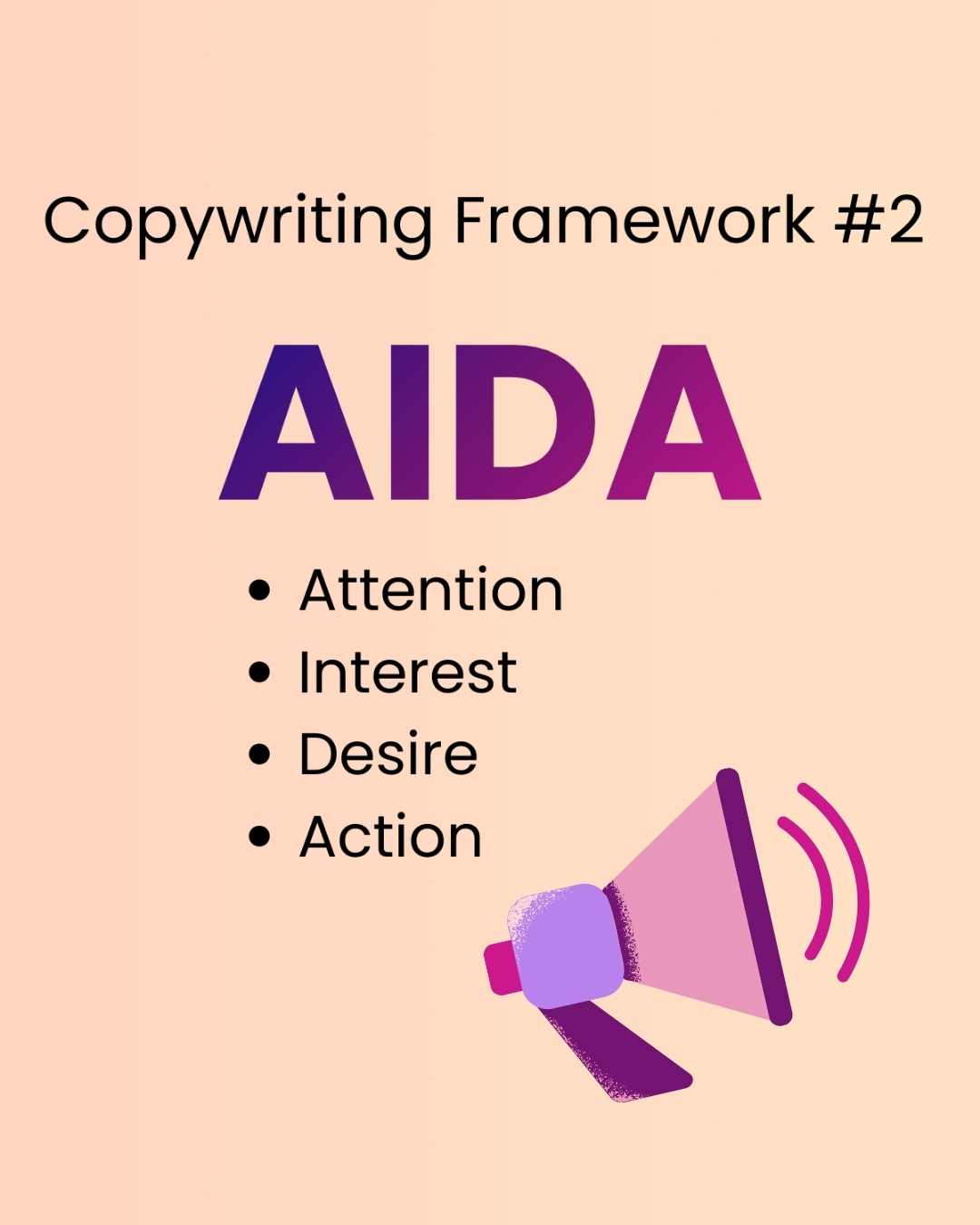 Text: ‘Copywriting Framework #2: AIDA.’ A bulleted list below reads Attention, Interest, Desire, and Action. An illustrated megaphone in purple and pink appears at the lower right with sound lines extending from it, set on a peach gradient background.