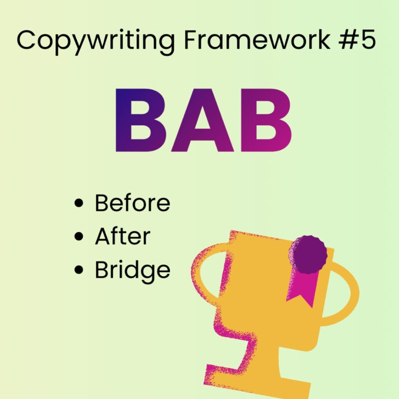 Text: ‘Copywriting Framework #5: BAB.’ A bulleted list below reads Before, After, and Bridge. An illustrated gold trophy with a purple ribbon appears on the right, set against a light green gradient background.