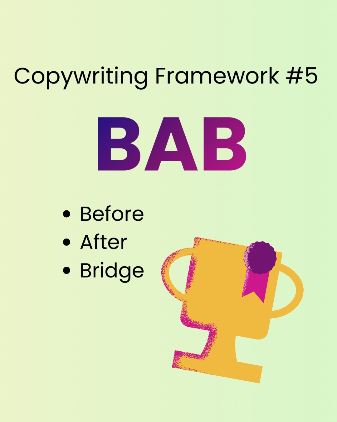 Text: ‘Copywriting Framework #5: BAB.’ A bulleted list below reads Before, After, and Bridge. An illustrated gold trophy with a purple ribbon appears on the right, set against a light green gradient background.