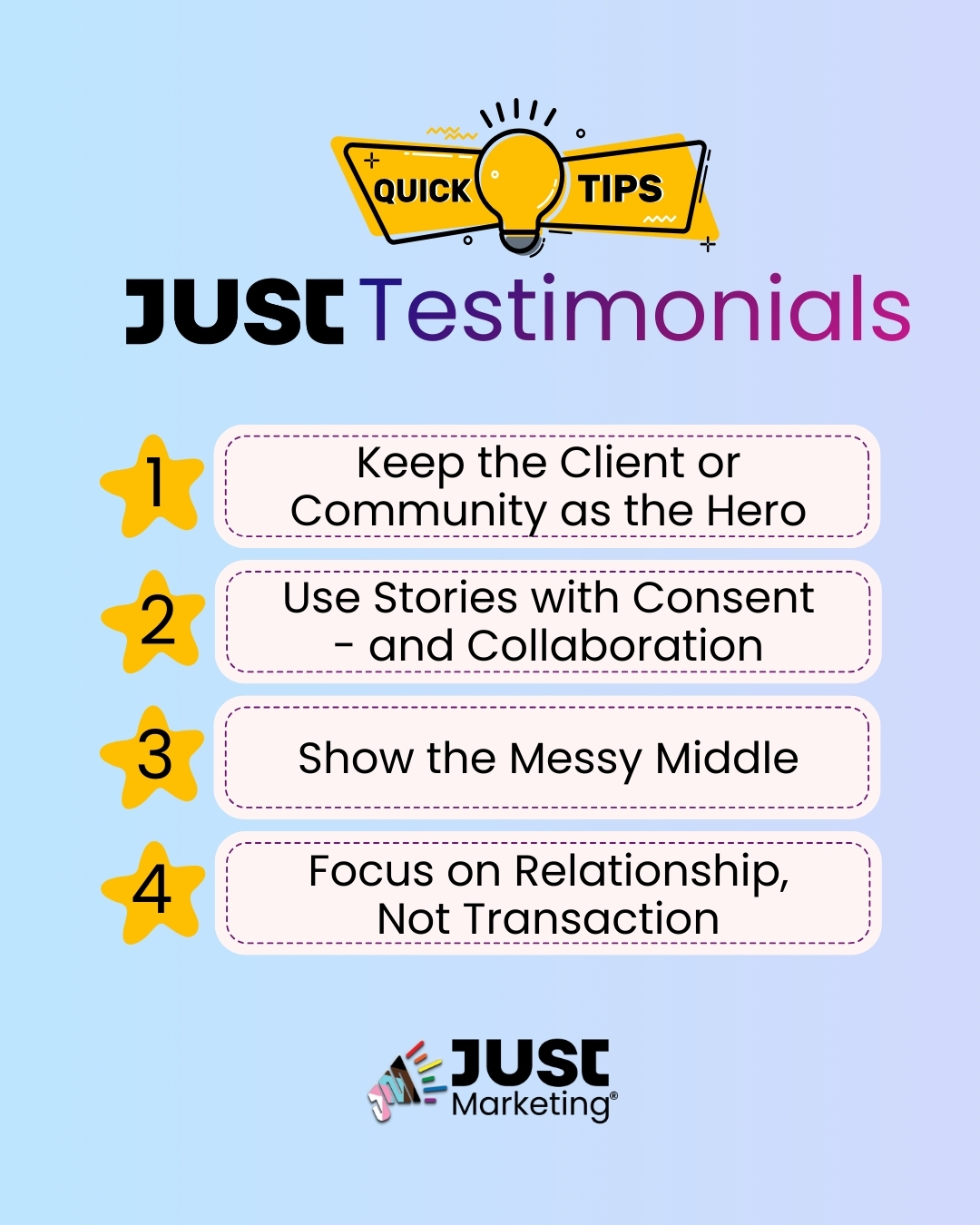 A ‘Quick Tips’ sticker above ‘Just Testimonials.’ Four numbered tips appear in rounded boxes: ‘Keep the Client or Community as the Hero, Use Stories with Consent and Collaboration, Show the Messy Middle, and Focus on Relationship, Not Transaction.’ Yellow star icons mark each number, with a light blue gradient background and the Just Marketing logo at the bottom.