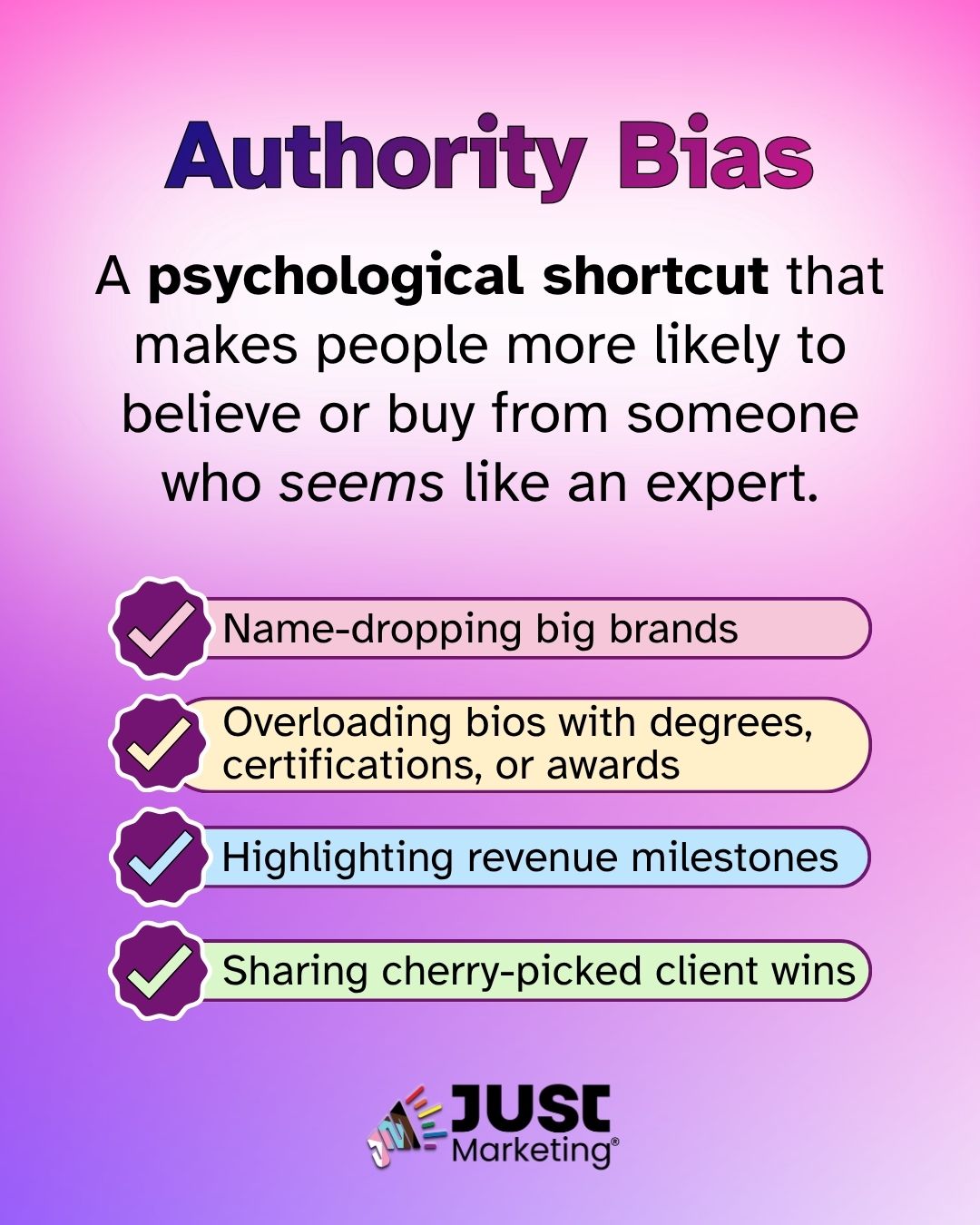 'Authority Bias: A psychological shortcut that makes people more likely to believe or buy from someone who seems like an expert.' Four items follow: 'Name-dropping big brands,' 'Overloading bios with degrees, certifications, or awards,' 'Highlighting revenue milestones,' and 'Sharing cherry-picked client wins.' The Just Marketing logo appears on a pink to purple gradient background.