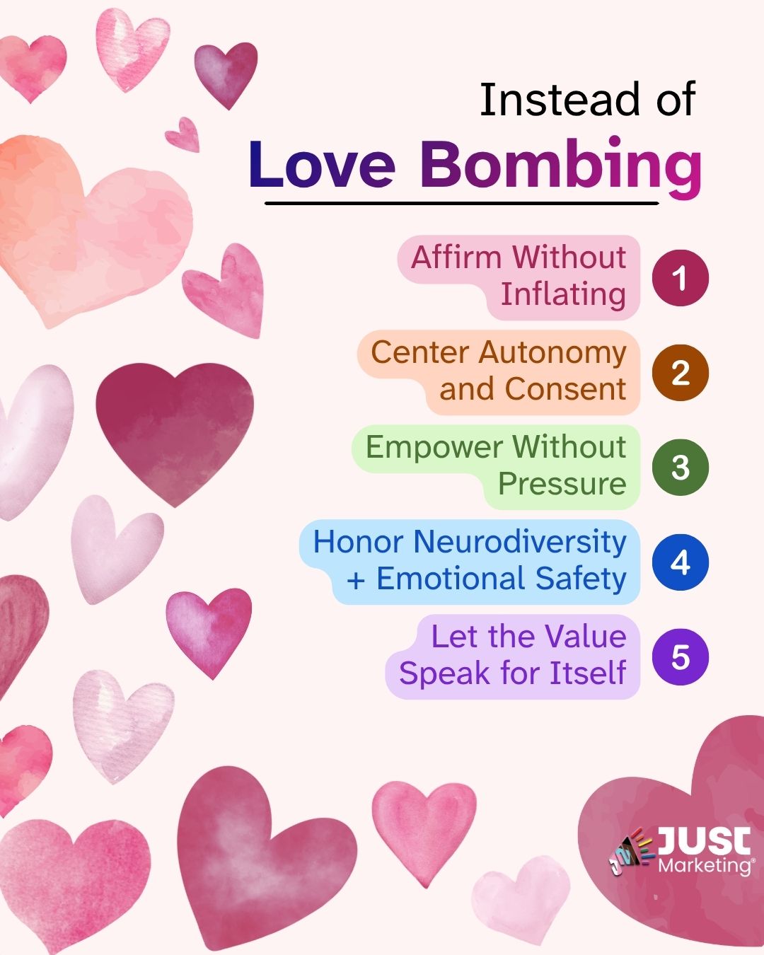 'Instead of Love Bombing,' five numbered alternatives are listed: 1) 'Affirm Without Inflating,' 2) 'Center Autonomy and Consent,' 3) 'Empower Without Pressure,' 4) 'Honor Neurodiversity and Emotional Safety,' and 5) 'Let the Value Speak for Itself.' The Just Marketing logo appears at the bottom right on a cream background scattered with watercolor hearts in shades of pink and red.