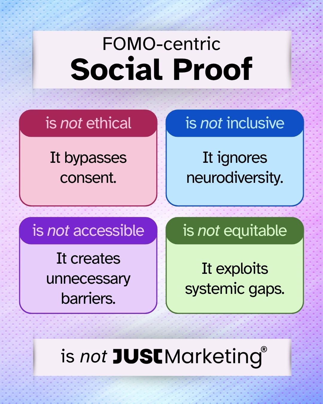 'Fomo-centric Social Proof' is critiqued across four colored boxes: 'is not ethical - It bypasses consent.' (pink), 'is not inclusive - It ignores neurodiversity.' (blue), 'is not accessible - It creates unnecessary barriers.' (purple), and 'is not equitable - It exploits systemic gaps.' (green). A banner at the bottom reads 'is not Just Marketing' on a pastel blue and purple background.
