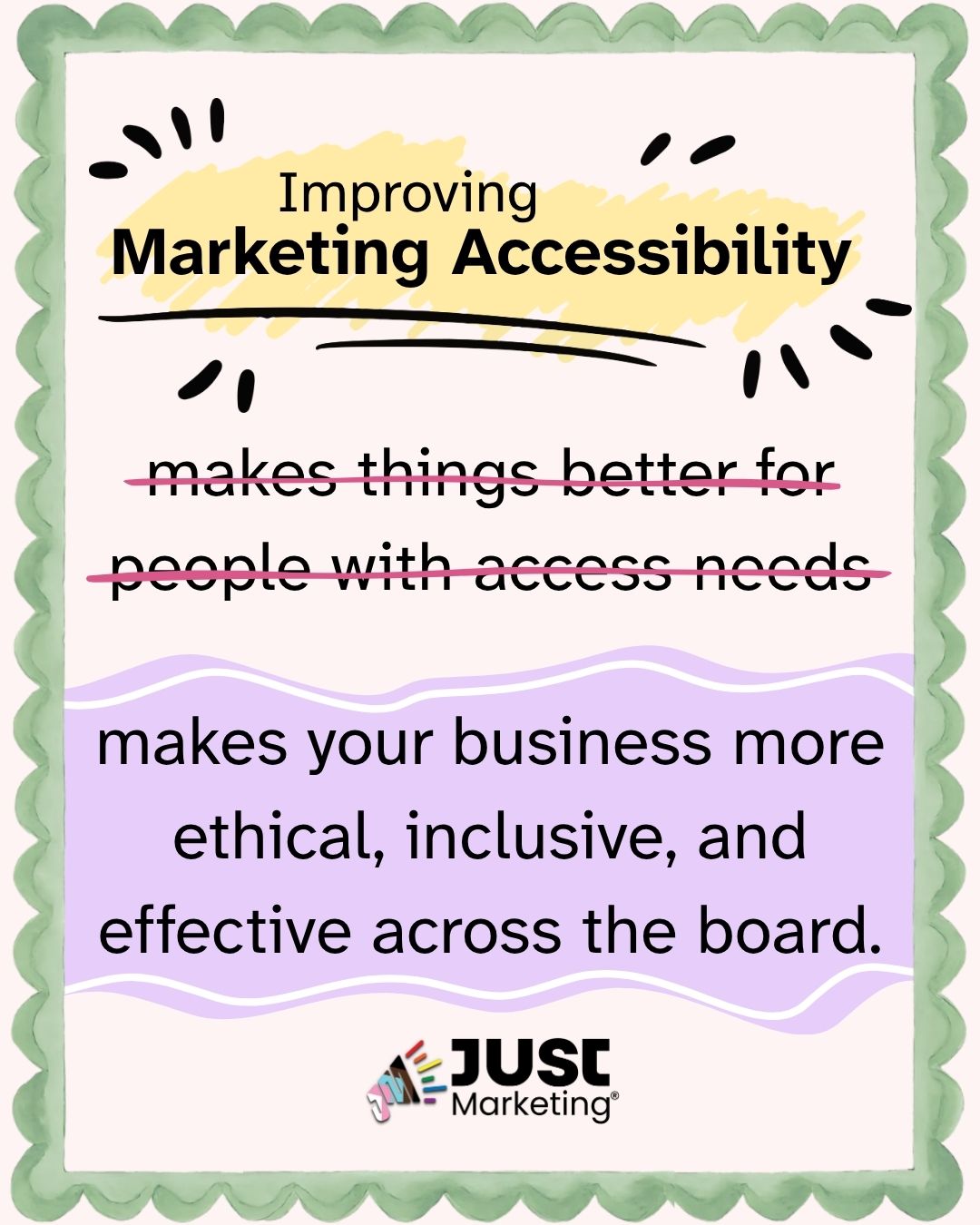 'Improving Marketing Accessibility' is highlighted in yellow at the top. Below, the phrase 'makes things better for people with access needs' appears struck through in pink, replaced by 'makes your business more ethical, inclusive, and effective across the board' on a purple background. The Just Marketing logo is at the bottom, framed by a green scalloped border.