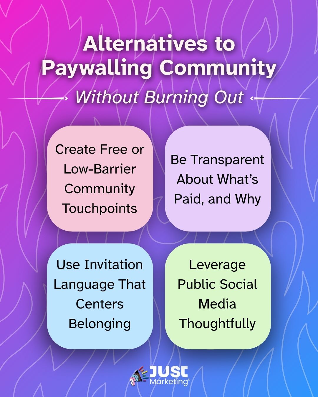 'Alternatives to Paywalling Community Without Burning Out' in bold. Four strategies: 'Create Free or Low-Barrier Community Touchpoints,' 'Be Transparent About What's Paid, and Why,' 'Use Invitation Language That Centers Belonging,' and 'Leverage Public Social Media Thoughtfully.' The Just Marketing logo is at the bottom on a purple-to-pink gradient background with flame outlines.