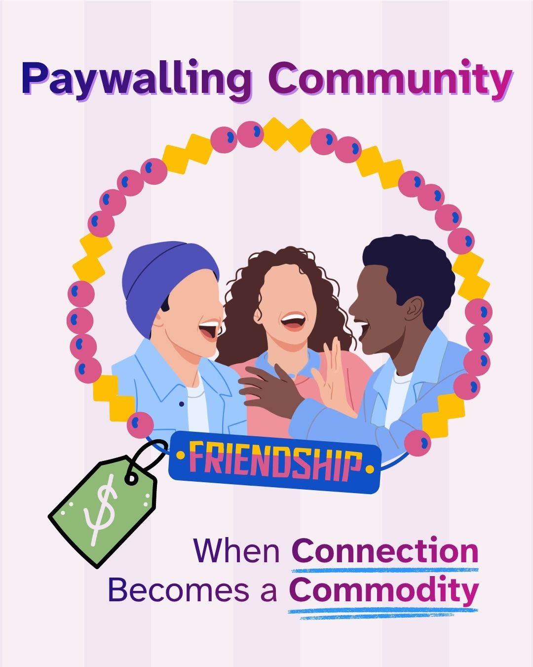 'Paywalling Community: When Connection Becomes a Commodity' appears in bold purple and blue text. Three diverse, laughing people are encircled by a decorative friendship bracelet of pink and yellow beads and a blue badge reading 'Friendship.' A green price tag with a dollar sign is attached. A striped lavender background.