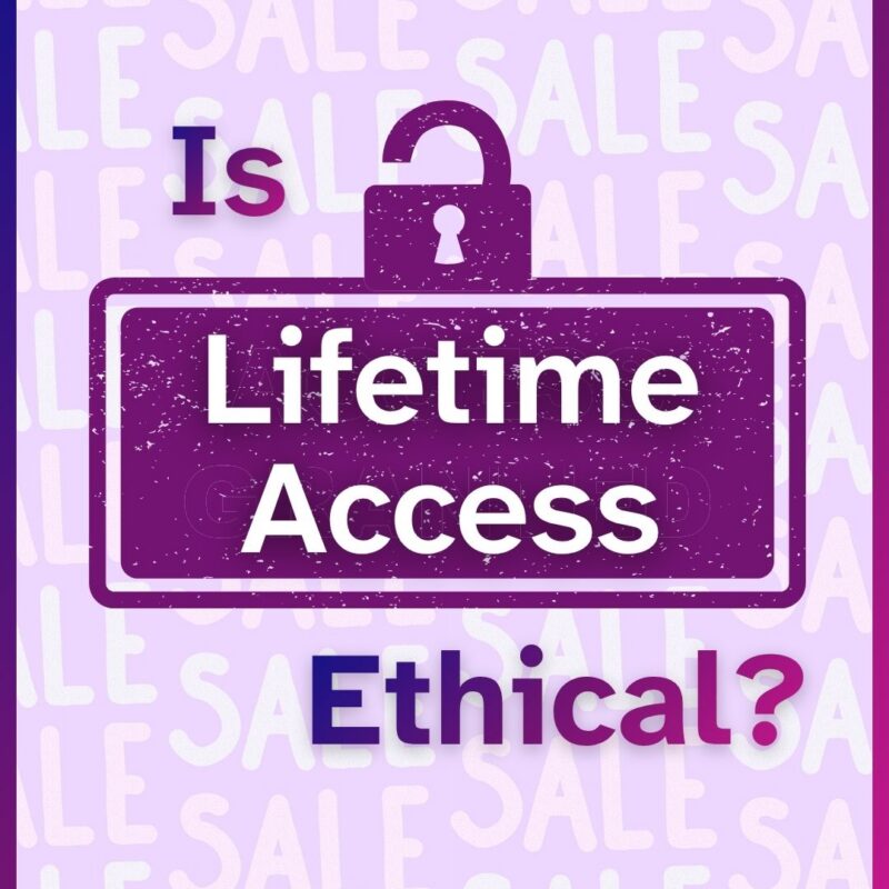 'Is Lifetime Access Ethical?' appears in bold purple and pink text, with 'Lifetime Access' stamped inside a purple badge beneath an open padlock icon. A faded, repeating 'Sale' pattern fills the light lavender background throughout the graphic.