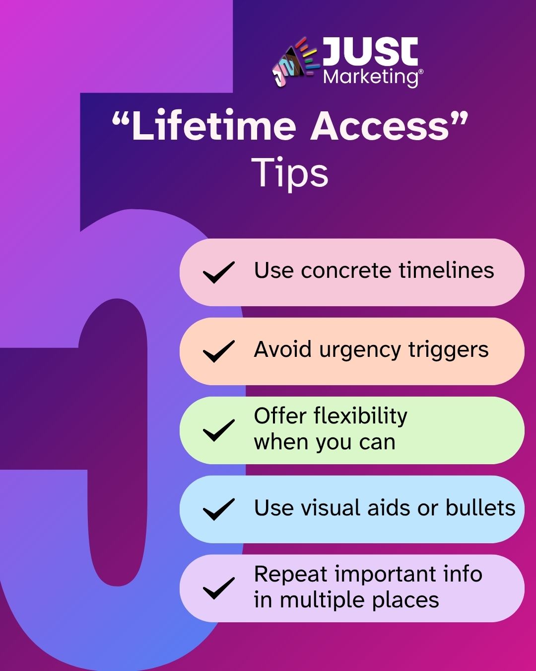 The Just Marketing logo and heading 'Lifetime Access Tips' sit over a large purple number five on a purple-to-magenta gradient background. Five checkmarked, colored pill shapes list the tips: 'Use concrete timelines, Avoid urgency triggers, Offer flexibility when you can, Use visual aids or bullets, and Repeat important info in multiple places.'