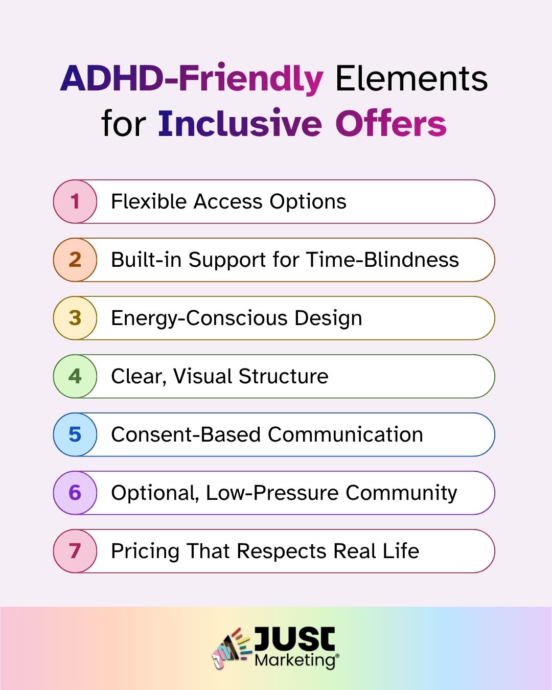 Title, 'ADHD-Friendly Elements for Inclusive Offers,' a numbered list in colorful rounded outlines includes flexible access options, built-in support for time-blindness, energy-conscious design, clear visual structure, consent-based communication, optional low-pressure community, and pricing that respects real life. The Just Marketing logo appears at the bottom on a rainbow gradient bar.