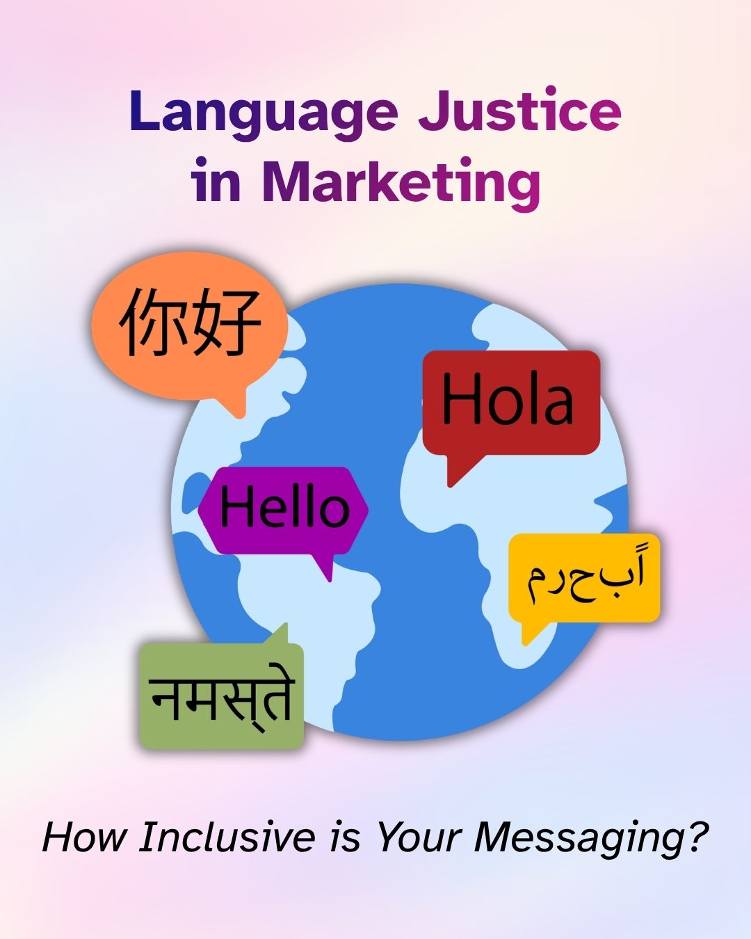 Title, 'Language Justice in Marketing,' an illustrated globe is surrounded by speech bubbles greeting in different languages: 'Ni Hao' in Chinese, 'Hola,' 'Hello,' Arabic script, and 'Namaste' in Hindi. Italic text below asks 'How Inclusive is Your Messaging?' against a soft pastel gradient.