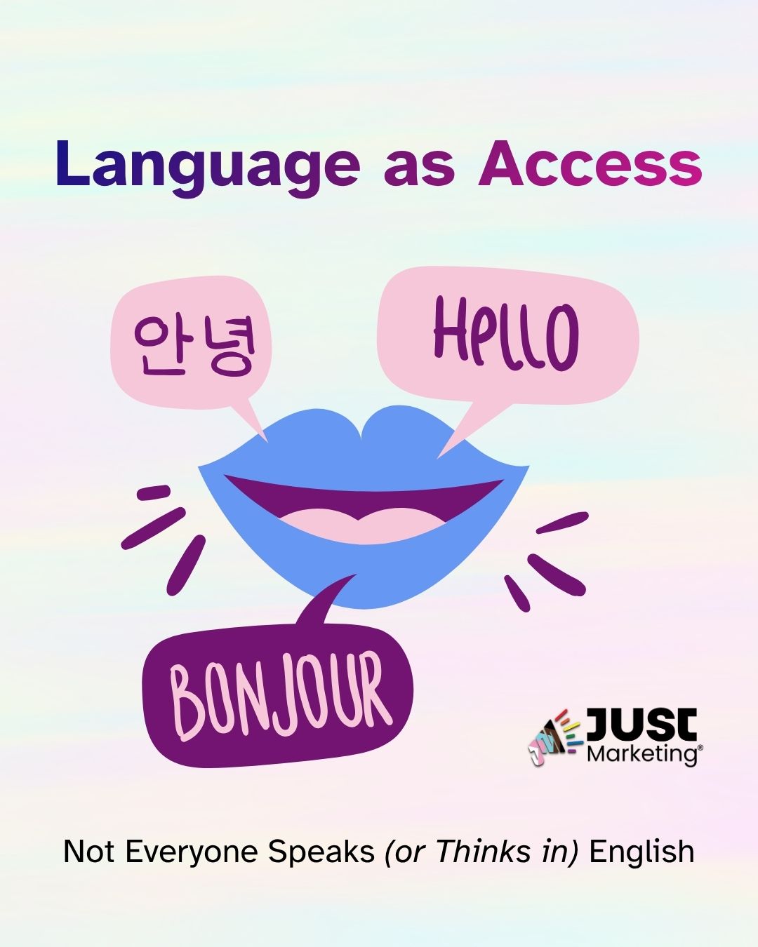 Title, 'Language as Access,' an illustrated smiling mouth has speech bubbles reading 'Annyeong' in Korean, 'Hello,' and 'Bonjour.' The Just Marketing logo appears at bottom right, with text below reading 'Not Everyone Speaks (or Thinks in) English.'