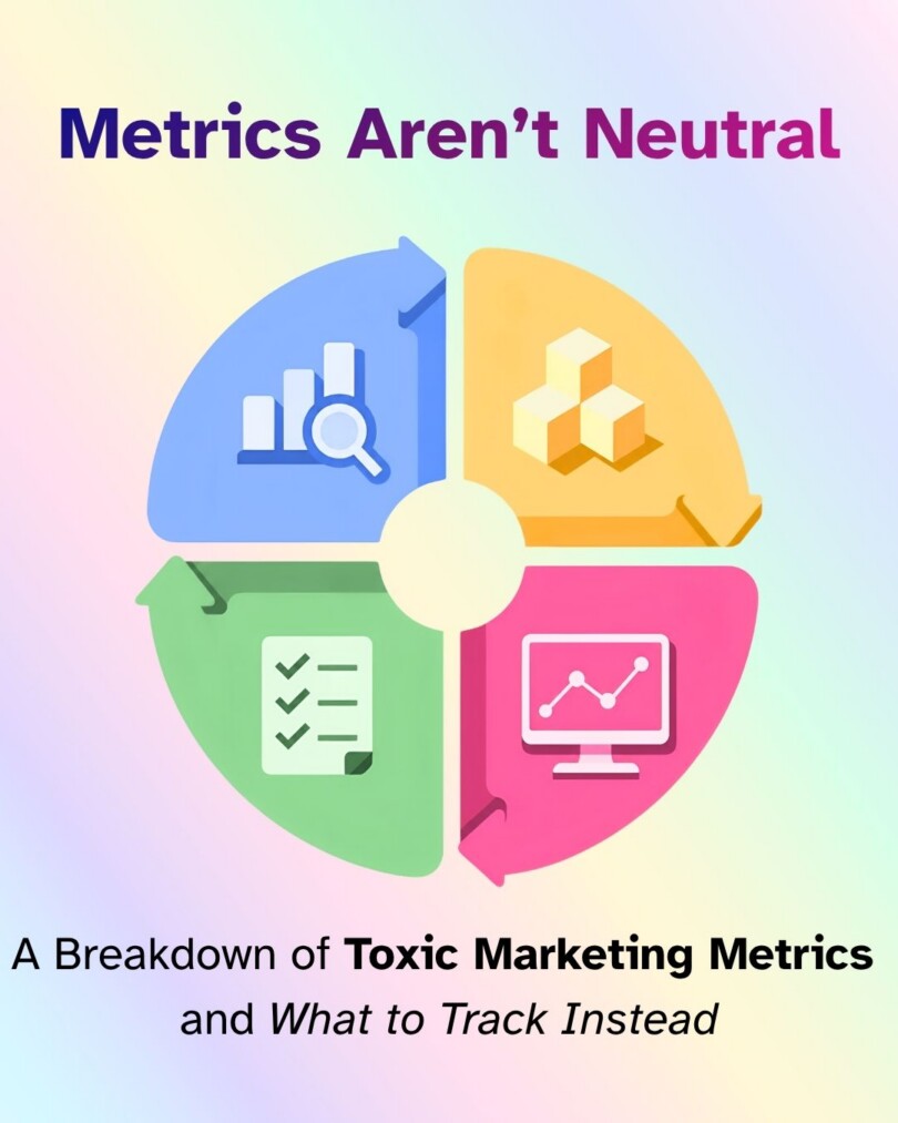 Title, 'Metrics Aren't Neutral,' a four-quadrant circular icon in blue, yellow, green, and pink shows a bar-chart magnifier, stacked blocks, a checklist, and a rising-line monitor, connected by arrows. Text below reads 'A Breakdown of Toxic Marketing Metrics and What to Track Instead' on a pastel gradient background.