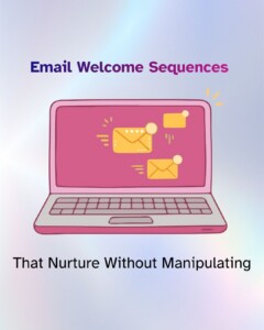 Text reads, 'Email Welcome Sequences.' Below, an illustrated pink laptop displays envelope icons on its screen, representing outgoing emails. Text underneath reads 'That Nurture Without Manipulating' on a soft pastel gradient background.